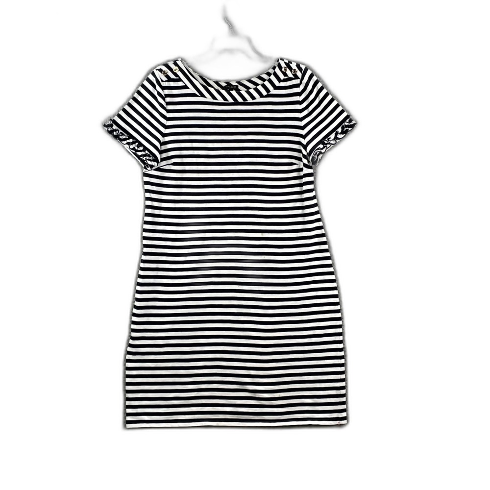 Talbots Knit Button Shoulder Sheath Dress Women L Striped Ruffle Sleeve Cocktail